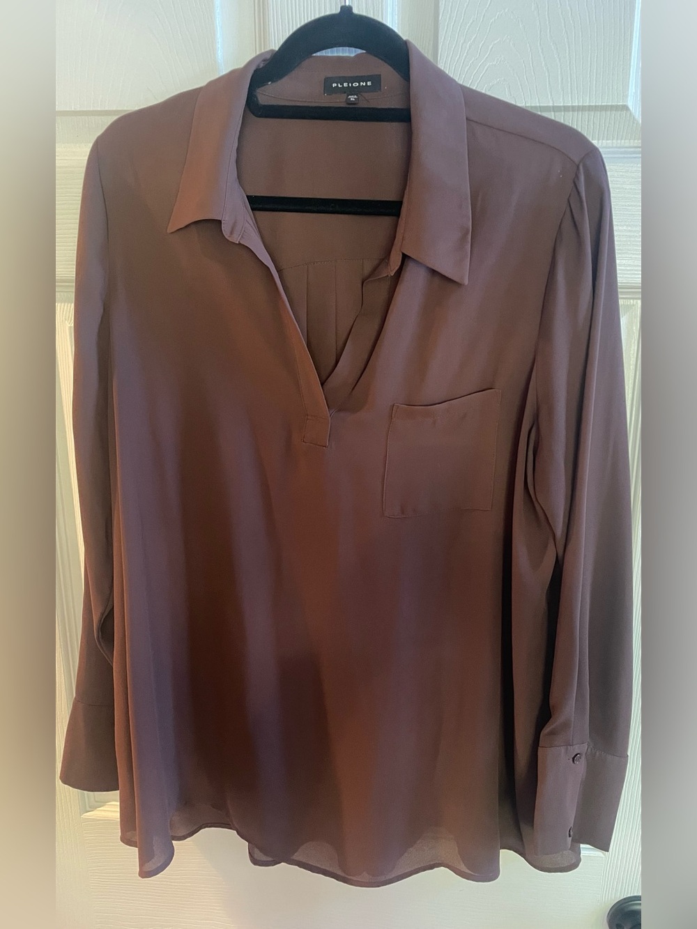 Pleione Brown Long-Sleeve V-Neck Blouse